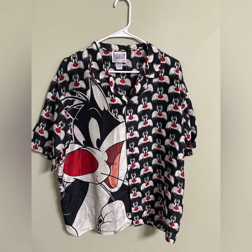 Vintage Looney Tunes Sylvester Cat 100% Silk Shirt  All Over Print Size Large/XL
